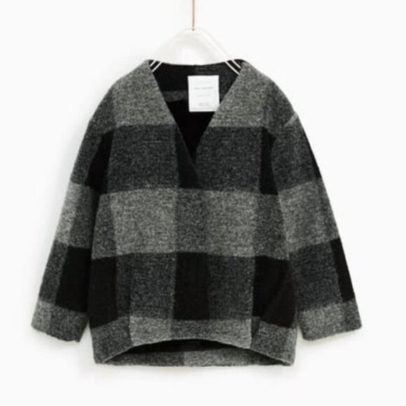Zara Girls Black Buffalo Plaid Collarless Jacket size 7 - Picture 1 of 14